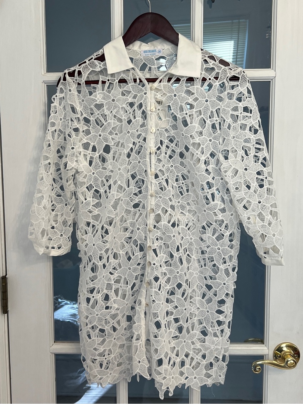 4OUR Dreamers White Floral Guipure Lace Button Front Beach Cover Up Tunic Top